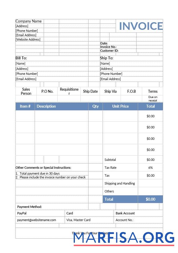 Blank Product Sales Invoice Template